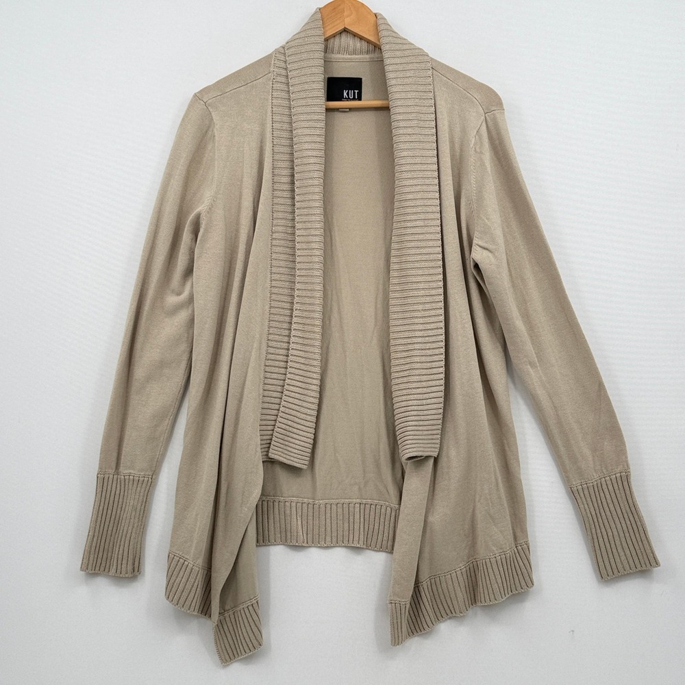 Kut from the Kloth Cardigan Womens Large Tan Draped Shawl Collar Quiet Luxury